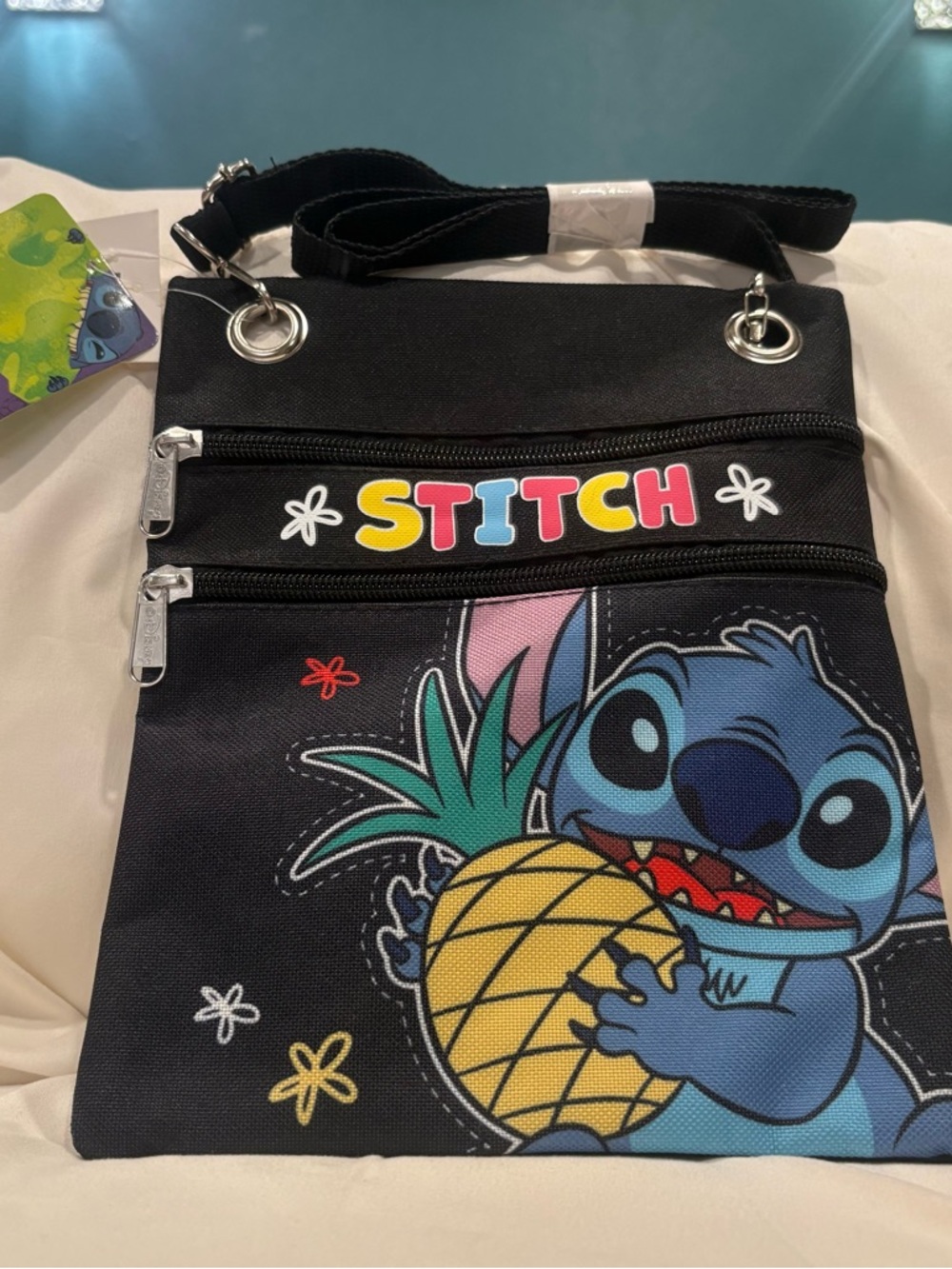 Disney Lilo & Stitch Black Passport Crossbody Bag Stitch with Pineapple NWT